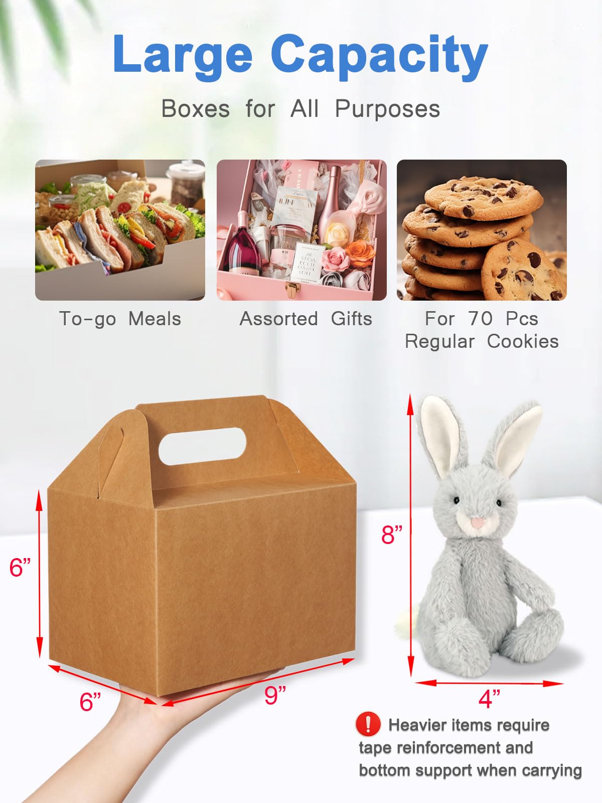 Shallive 28 Pcs Large Brown Kraft Lunch Boxes with Handle - 9x6x6 Inch Gable Gift Boxes for Baby Shower, Birthday Parties