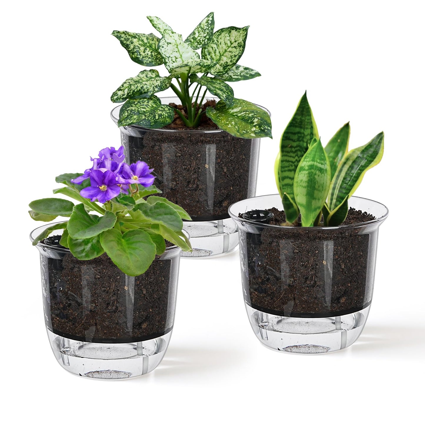 IWNTWY Self Watering Pots, 3 Pack 4 Inch Clear Plant Pot Self Watering Planter Flowers Pot with Deep Reservoir for Indoor Plants (3 Small)