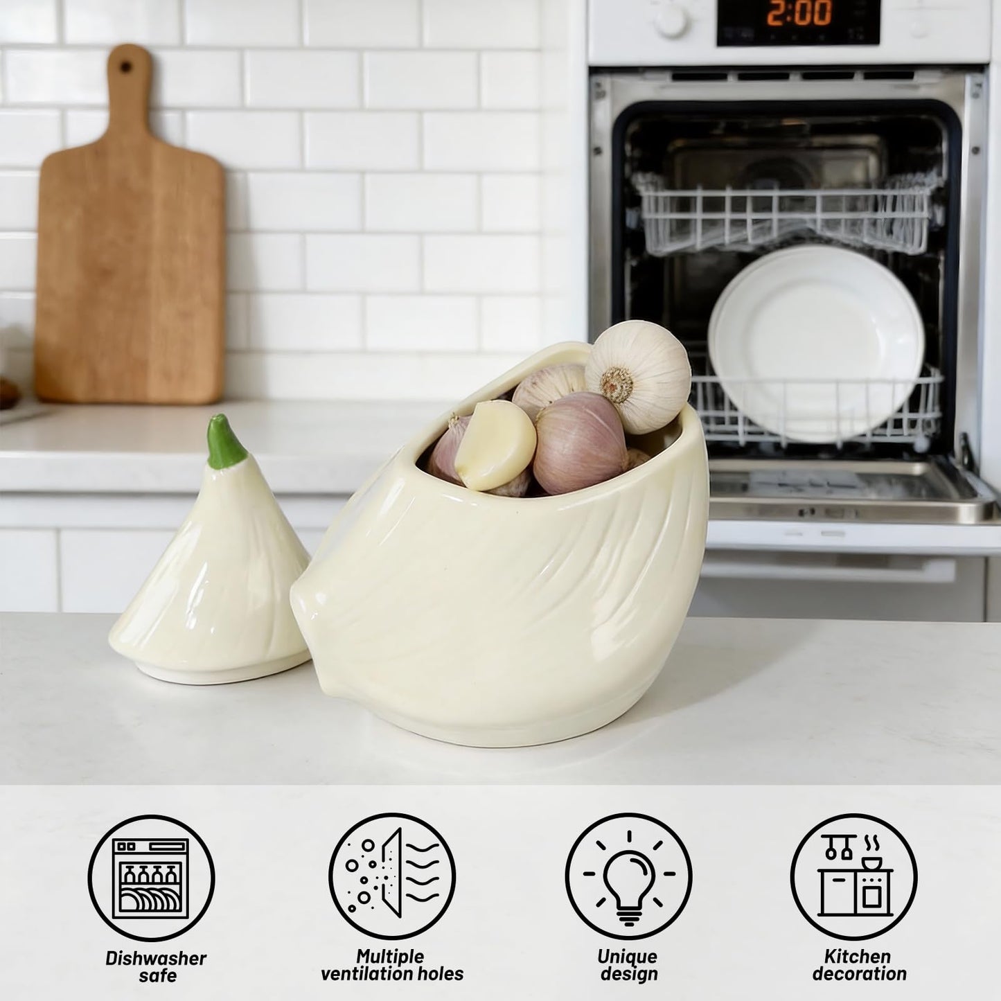 Yohsnor Garlic Keeper for Counter - Stylish Ceramic Garlic Storage Container with Lid, Large Capacity for Fresh Garlic, Peppers, Ginger & Star Anise - Perfect Kitchen Decor & Gift Idea