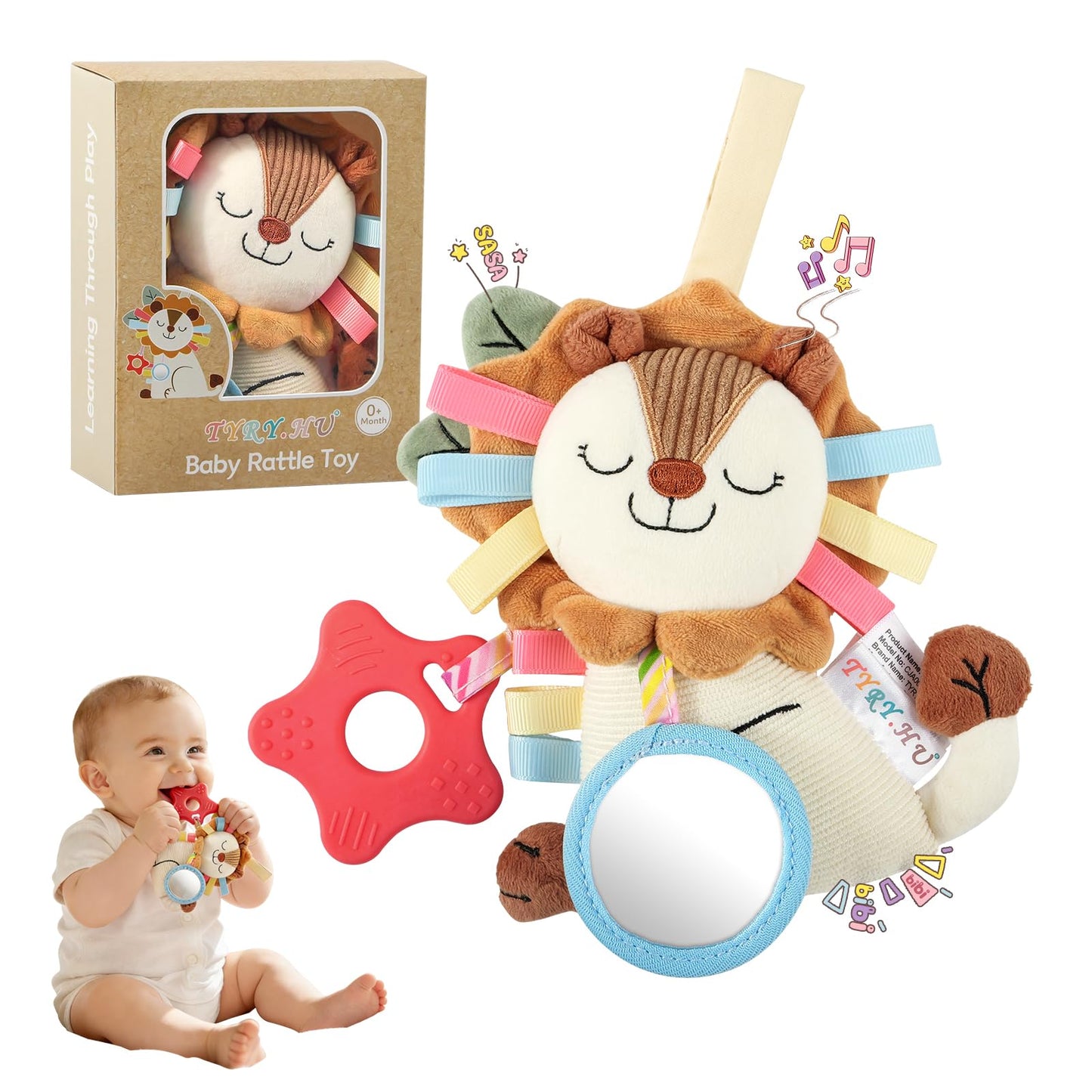 TYRY.HU Car Seat & Stroller Activity Toy,Soft Plush Cot Hanging Toy, Baby Rattle Toy with Strap,Developmental Sensory Toy-Textured Ribbons&Teether&Mirror&Crinkle Sounds for Infants 0 3 6 12 Months