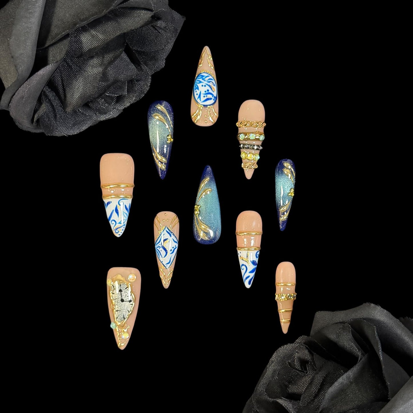 3D Handcrafted Press On Nails, Luxury Fake Nails with Porcelain Pattern, Ring Jewelry Inspired & Unique Clock Face Design, Reusable Acrylic False Nails Navy Blue (M)