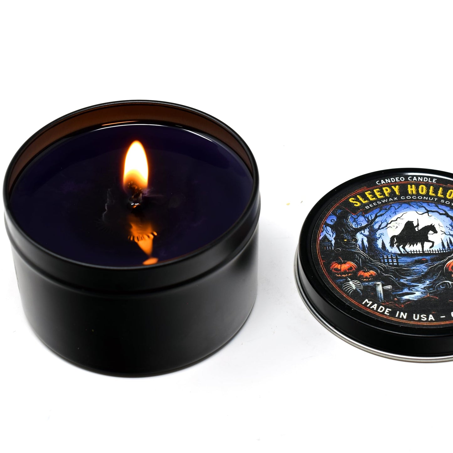 Sleepy Hollow - Halloween Candles - Container Candle, 6 oz - Made with Beeswax, Coconut and Soy - Black Tin Candle - Handmade in The USA - Candeo Candle