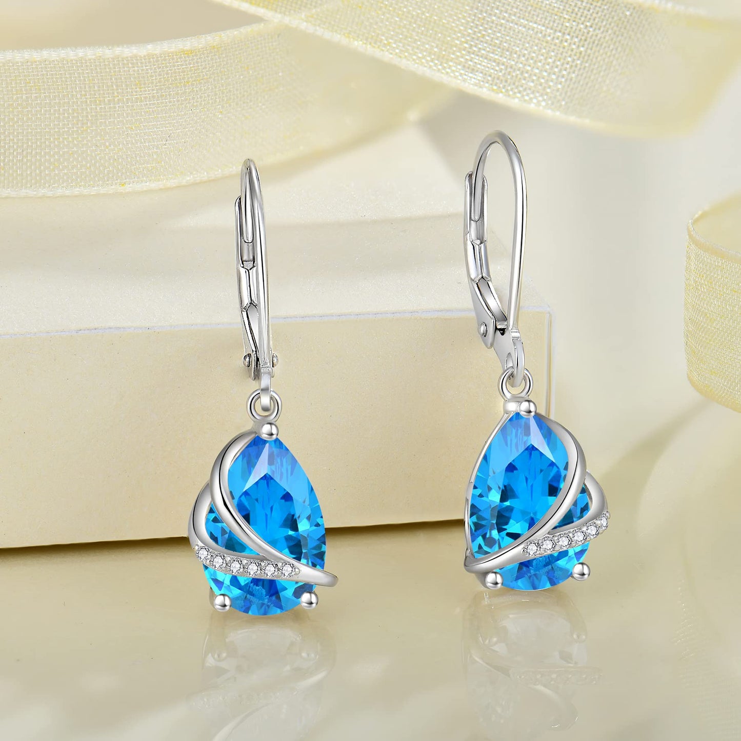 Rocayi Teardrop Aquamarine Earrings 925 Sterling Silver Dangle Drop Earrings March Birthstone Jewelry for Women