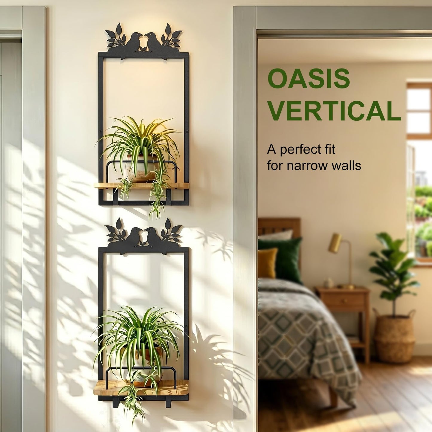 Shineled Wall Planter for Indoor Plants 2 Pack, Wall Mounted Plant Holder for Small Plants, Floating Wall Shelf for Plants, Real Oak Wood, Magnetic Animal Decor, Home Wall Decor (Bird)