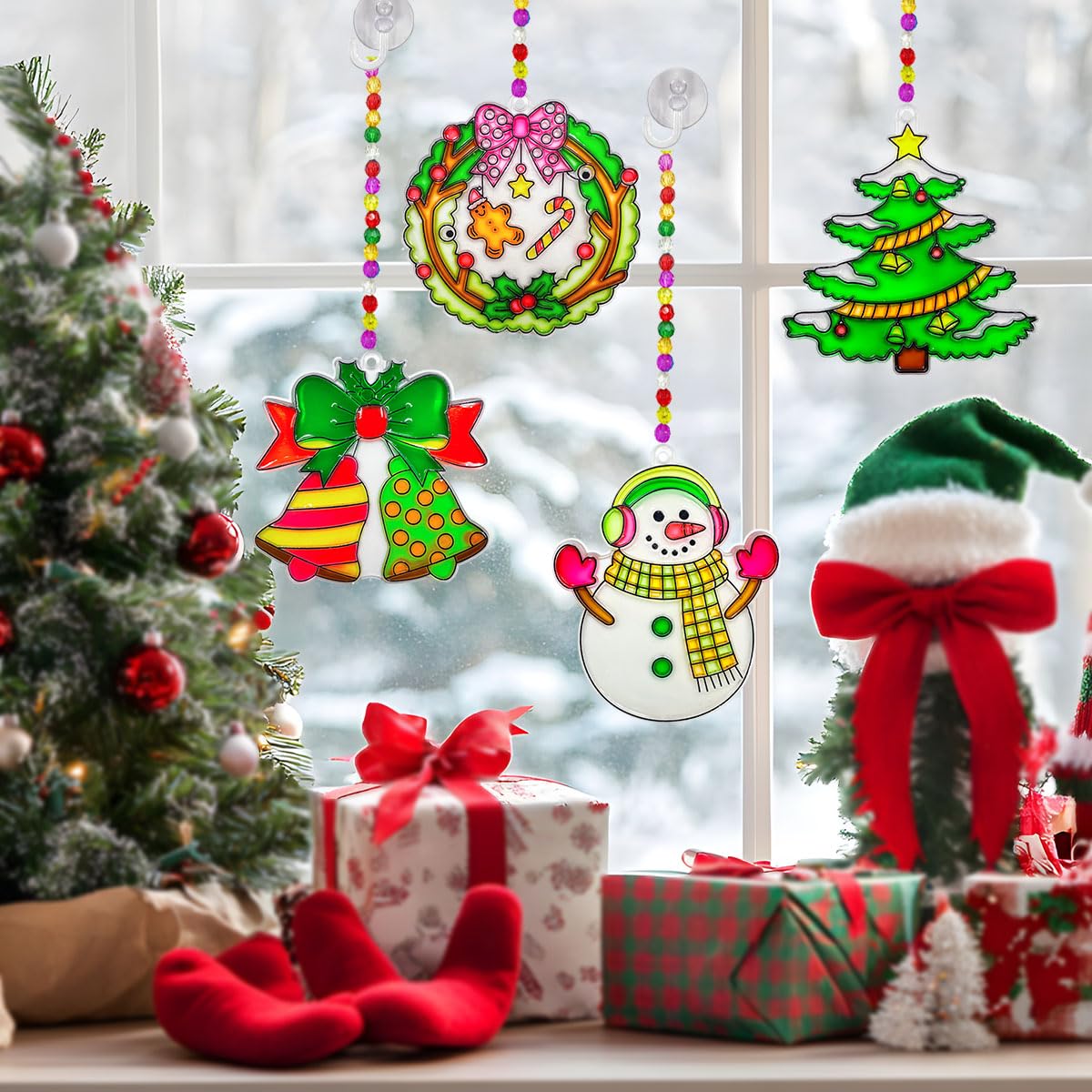 AUEKIV Christmas Suncatcher Kit 30 Sets Christmas Sun Catcher Window Paint Art DIY Craft Kits Santa Snowman Snowflake Reindeer Suncatchers Decoration for Classroom Holiday Home Party Activity Project