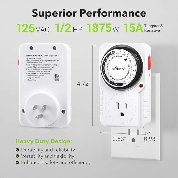 BN-LINK 24 Hour Plug-in Mechanical Timer Grounded for Aquarium, Grow Light, Hydroponics, Indoor Lighting, Home Appliances, ETL Listed 125VAC, 60 Hz, 1875W, 15A, 1/2HP (1 Pack)
