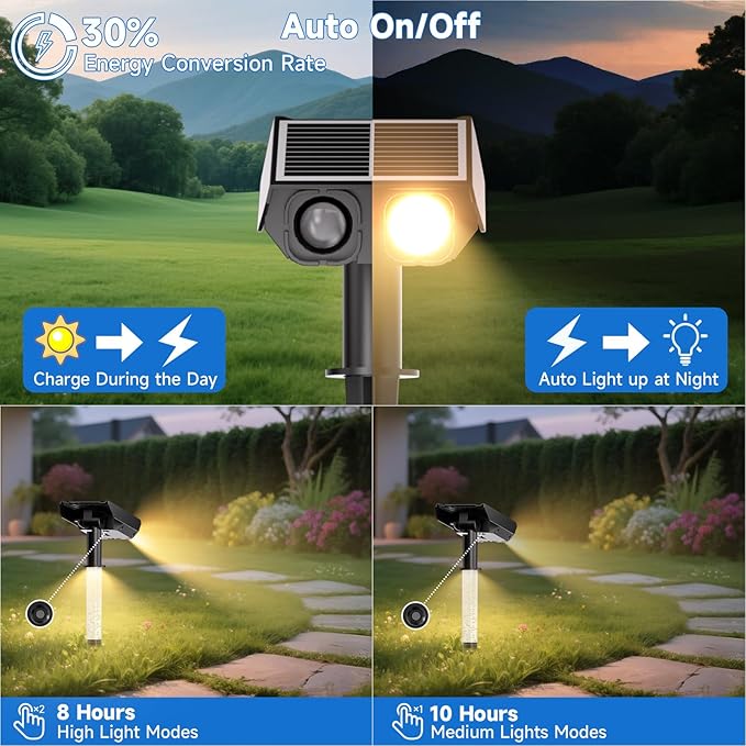 Solar Spot Lights Outdoor Adjustable Beam & PC Light Guide Column, 6 Pack Solar Lights Outdoor Waterproof IP65, 2 Modes & Auto On/Off Landscape Spotlights for Garden, Yard, Pathway, Tree (Warm Yellow)