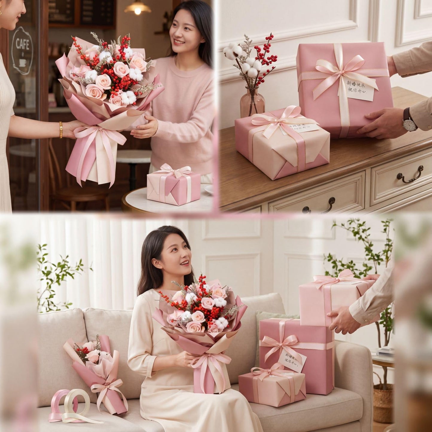Gersoniel 36 Sheets Double Sided Waterproof Bouquet Wrapping Paper with 2 Rolls Satin Ribbon for Wedding Mother's Day 2026 Graduation Birthday DIY Flower Packing(Pink Series)