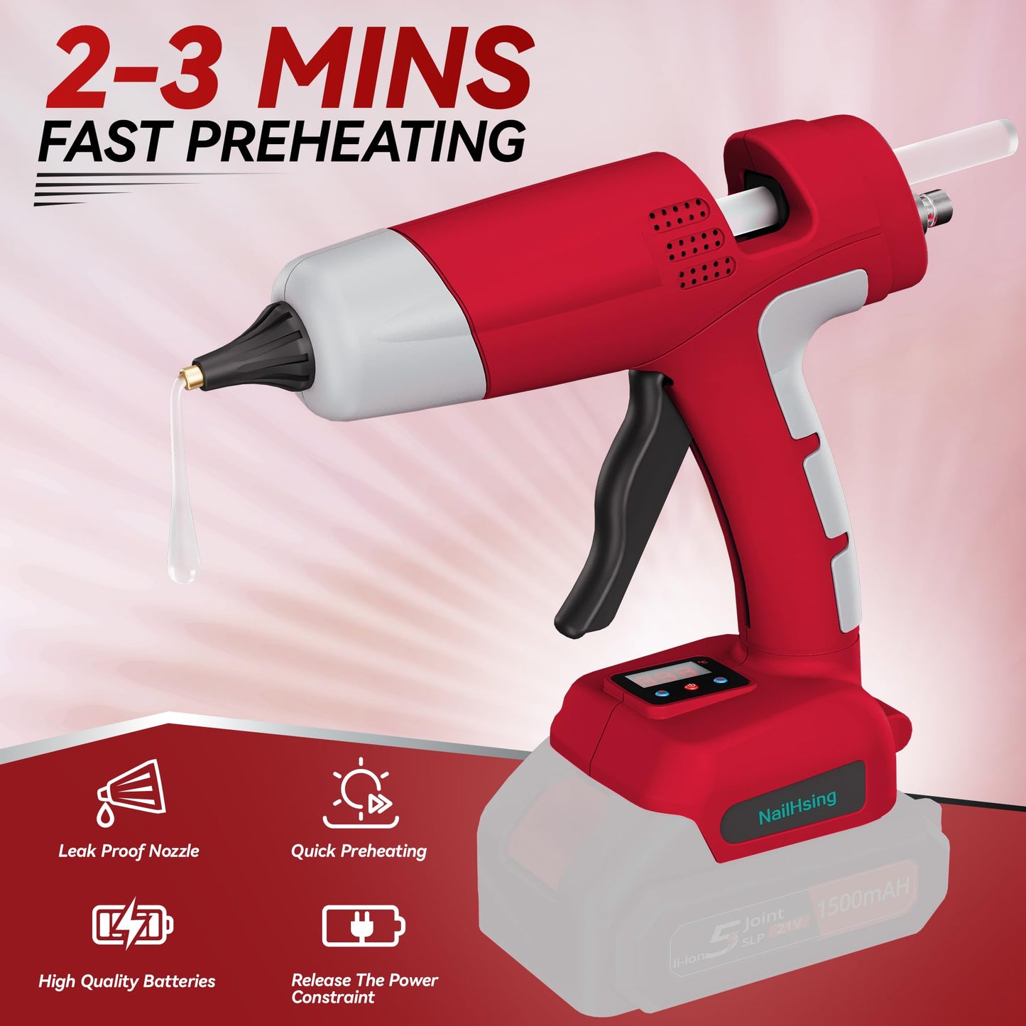 NailHsing 18V Cordless Hot Glue Gun with Temp Adjust & LCD Digital Display Fast Preheating Hot Glue Gun Full Size with 30Pcs Premium Sticks for DIY Crafts, Repair and Construction (Tool Only)