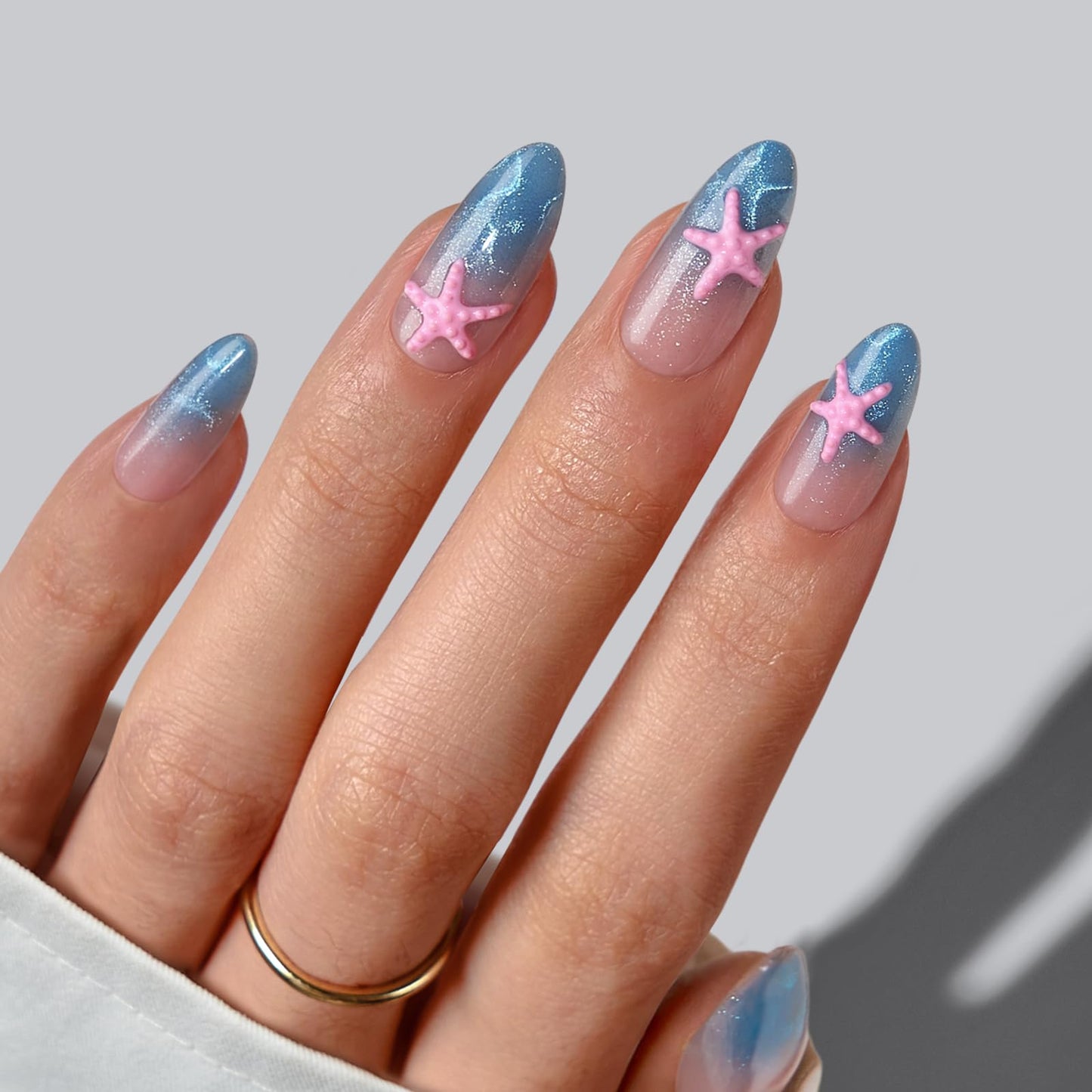 BTArtbox Press On Nails Medium - Star Shore, Easy-to-Apply 3D Starfish Blue Cat Eye Almond Press On Nails with Glue and Adhesive Tabs in 15 Sizes - 30 Nails All-in-One Kit