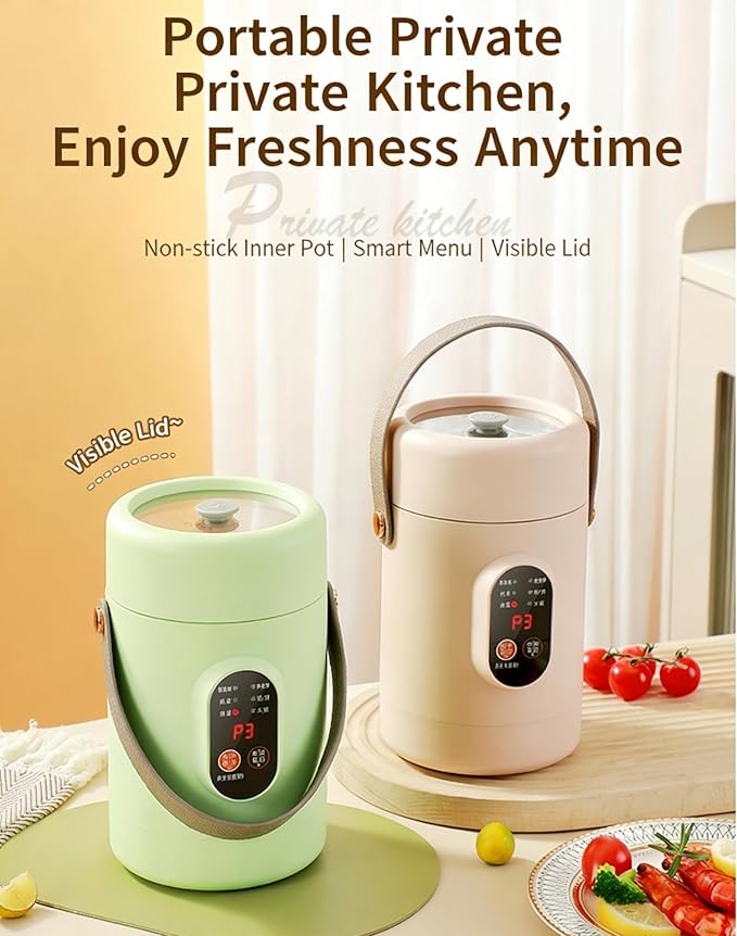 Multifunctional Health Pot, 500W Portable Mini Electric Cooker with Ceramic Glaze Inner & Steamer, Small Slow Cooker with 12-Hour Reservation, for Porridge, Rice, Soup & Steaming (800ml-Khaki)