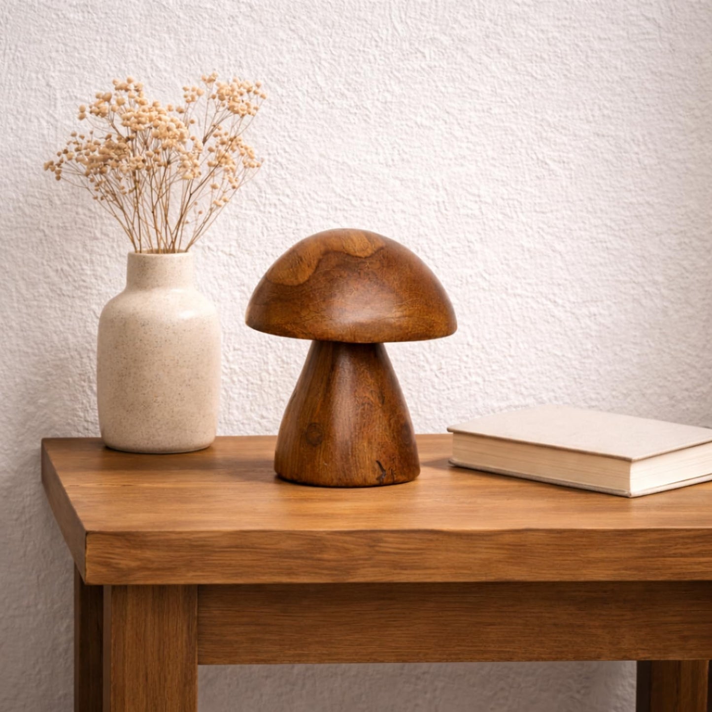 JOLLYMER Handmade Teak Wood Mushroom Decor Statue, Rustic Wooden Sculpture Accent for Living Room, Boho Tabletop Figurine, Natural Solid Wood Home Decoration for Indoor