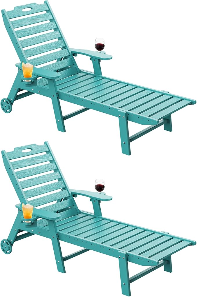 Carauci Lounge Chair Outdoor Set of 2, HDPE Chaise Lounge with Wheels, 5-Position Adjustable Backrest & 2 Cup Holders Patio Lounge Chair, All-Weather Pool Sun Lounger for Poolside, Backyard, Lake Blue