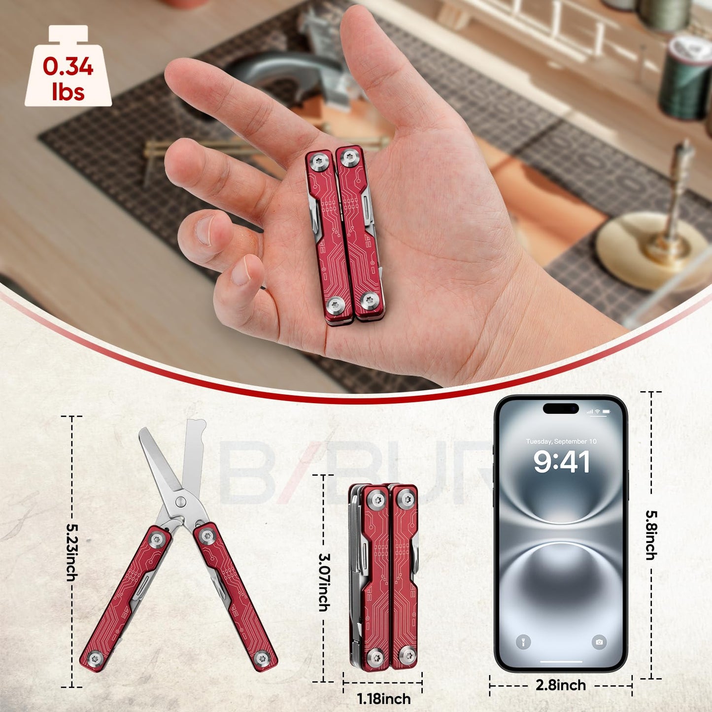 BIBURY Mini Keychain Multitool Scissors BI2061R, 9 in 1 Multitool EDC Scissors with Screwdriver, Bottle Opener, Pocket Knife, Spring -Mini Multi Tool for Outdoor, Daily Use, Gifts for Men and Women