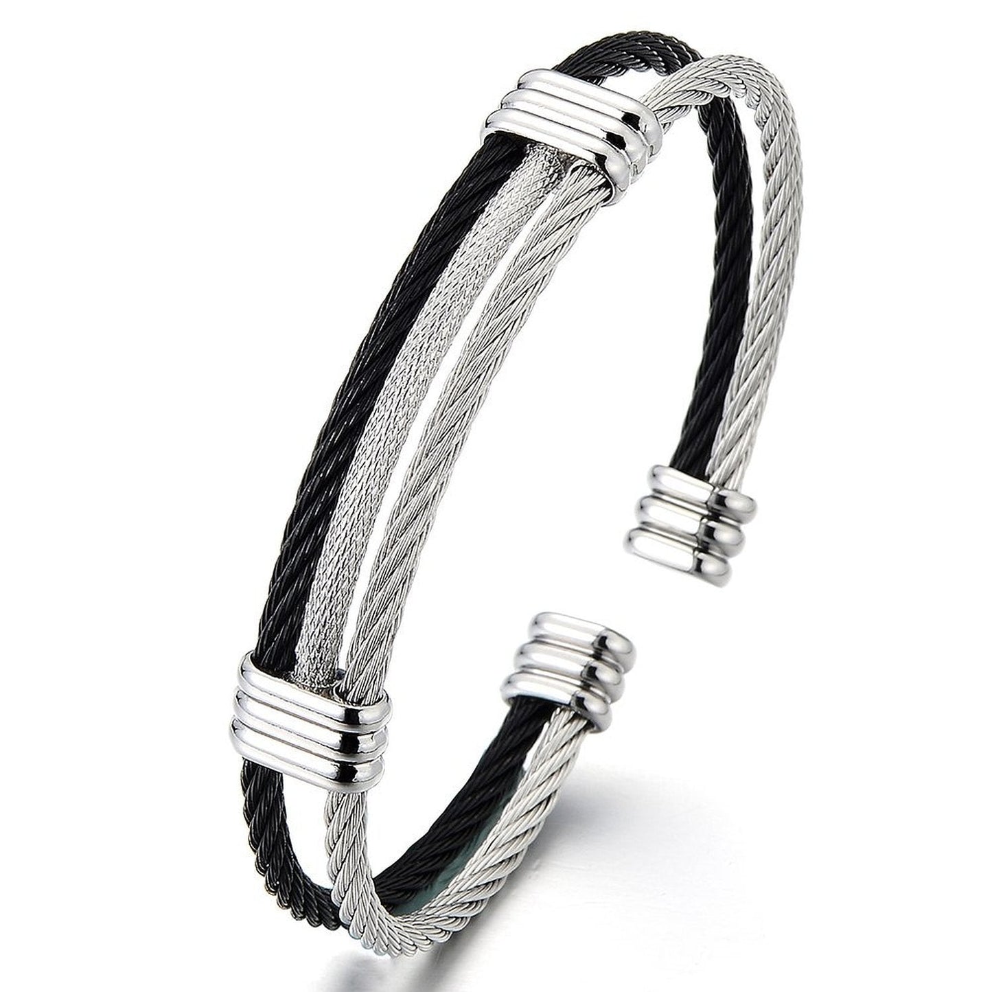 COOLSTEELANDBEYOND Mens Womens Stainless Steel Twisted Cable Adjustable Cuff Bangle Bracelet Silver Black Two Tone