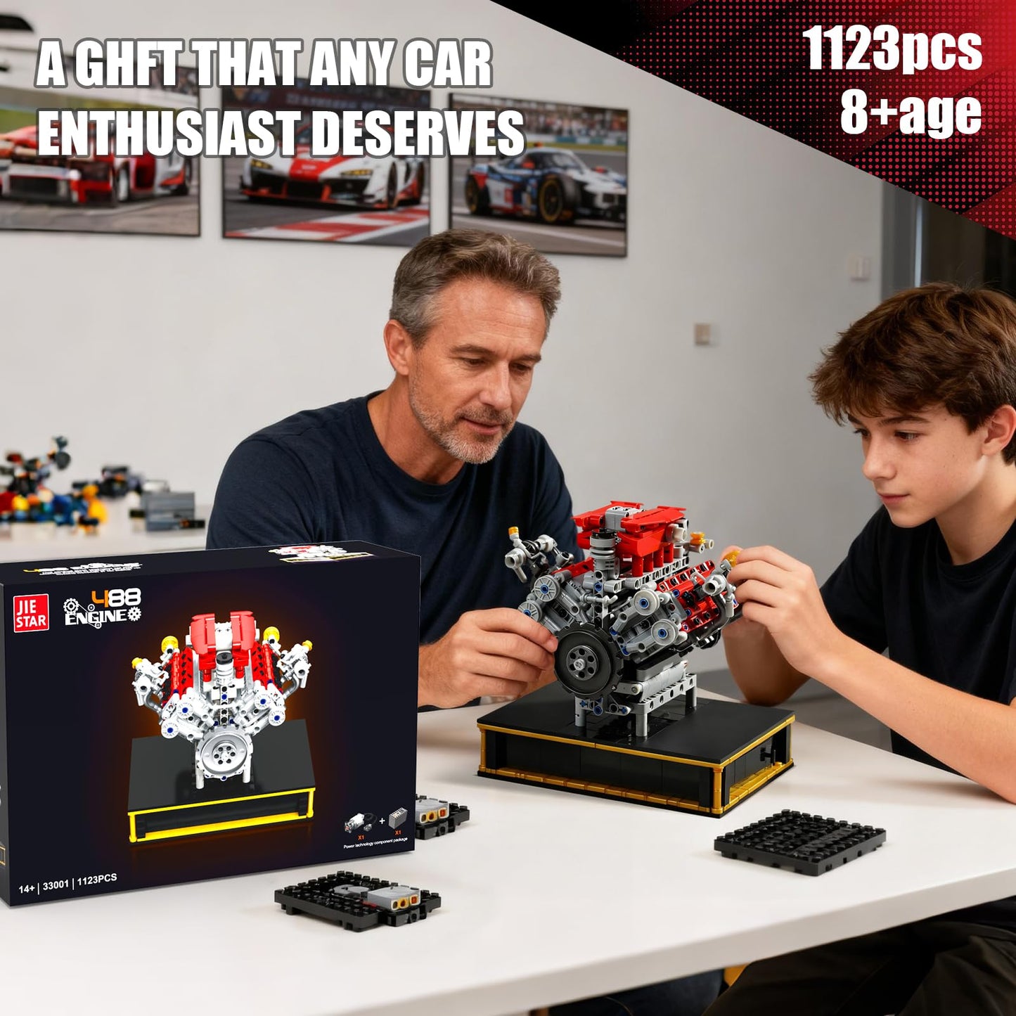 NERCISU V8 Engine Technic Building Blocks Set That Runs Smoothly, Build Your Own 8 Cylinder Visible Dynamic 488 Engine Model Kit with Motor, STEM Educational Gift for Adults & Boys Ages 8+(1123PCS)