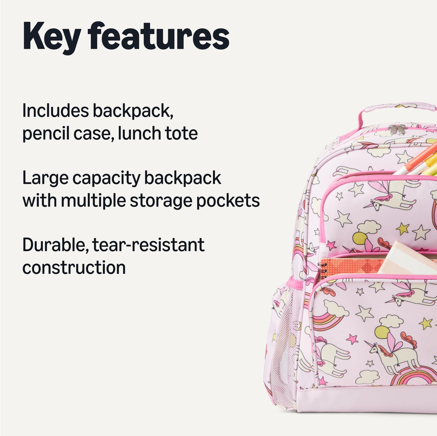 Amazon Essentials Kids School Backpack Set with Lunch Tote and Pencil Case - Multi-Pocket Tear-Resistant Student Day-pack - School Supplies Bundle - Pink - 3 Piece Set