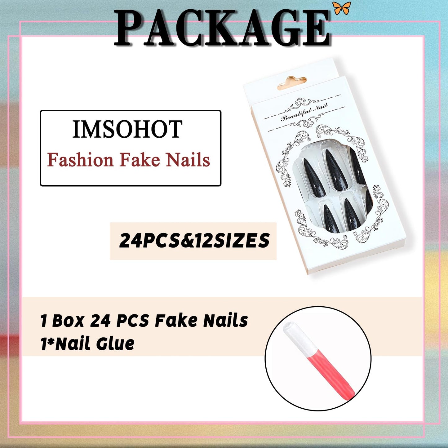 IMSOHOT Stiletto Press on Nails Extra Long Fake Nails All Black Glossy False Nails with Designs Full Cover Solid Color Acrylic Almond Glue on Nails for Women 24Pcs