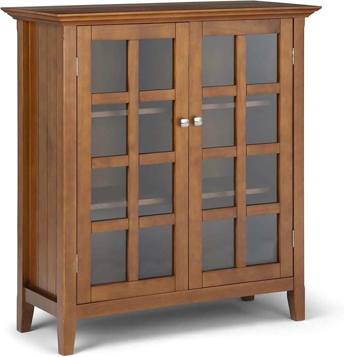 SIMPLIHOME Acadian Storage Cabinet - 39 inch Wide Solid Wood 4-Shelf Display Cabinet in Light Golden Brown, Transitional Cupboard for Living Room or Dining Room with Glass Doors and Adjustable Shelves