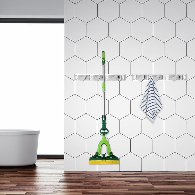 Punch Broom Holder Space Aluminum Mop Hanger Wall Mount Organizer with Strong Grip and Hooks for Kitchen Garage Garden Storage