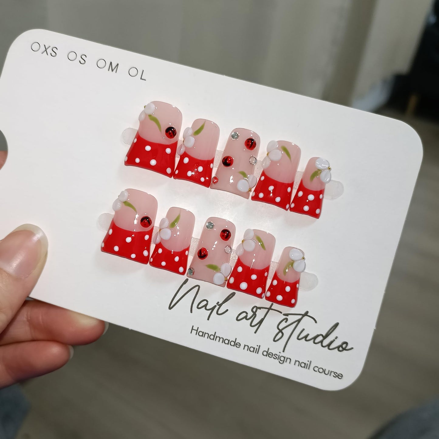 Duckbill Press on Nails - Red French with White Polka Dots & Glass Beads | Glossy Handmade False Nails | Kawaii Cherry Style for Spring(L)