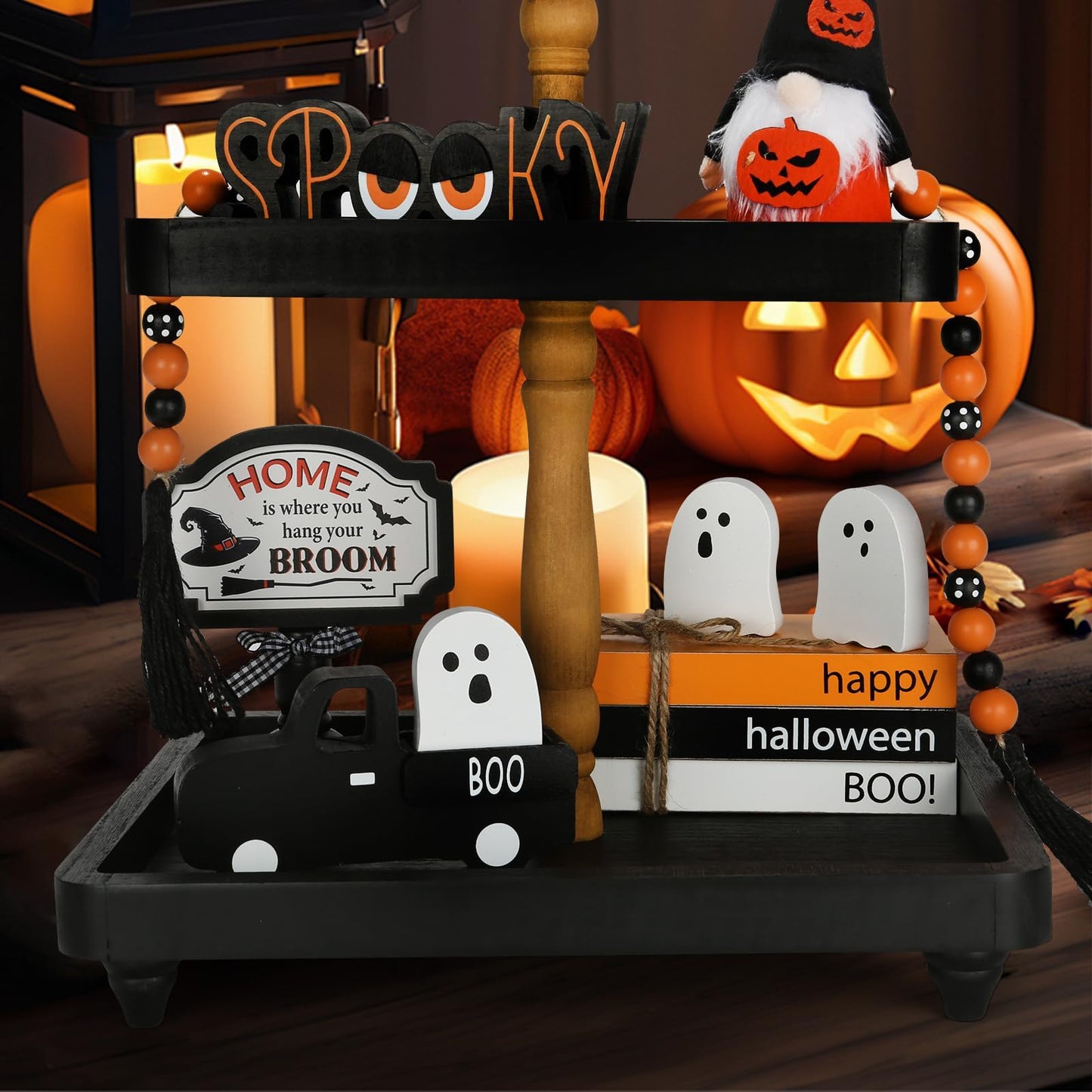 Halloween Decorations 7PCS Table Centerpieces, Cute Tabletop Halloween Decor for Tiered Tray Shelf Mantel Fire Place Office Desk Rustic Farmhouse Wood Faux Book Stack and Spooky Ghosts Sign