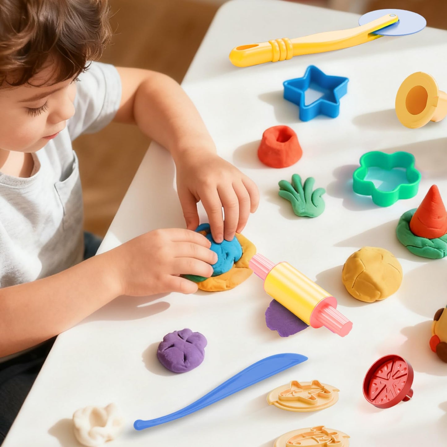 Dough Tools for Kids, 46Pcs Dough Toys Sets Playdough Accessories Include Play Food Molds - Cupcakes, Ice Cream, Noodle, Play Bulk Pack with Roller, Cutters, Scissor, DoughMat and Storage Bag Gifts