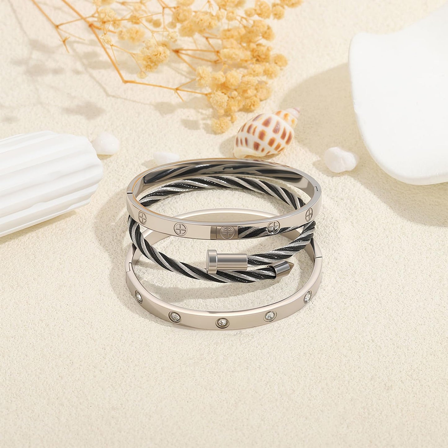 Camhanno Gold Bracelets for Women - Stackable Bangles with Friendship & Love Theme - Stainless Steel Jewelry Gift for Her (Style 13)