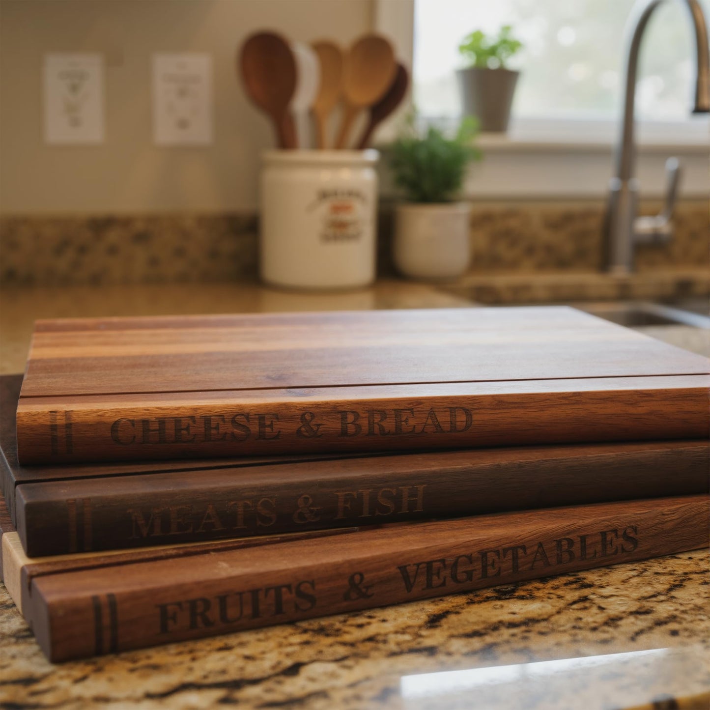 Book Cutting Board Set with Stand, Solid Acacia Book Shaped Cutting Board, 3pcs Bookshelf Cutting Board for Classify the food, Decorative Library Cutting Boards Set, Unique Gift for Book Lovers/Chefs