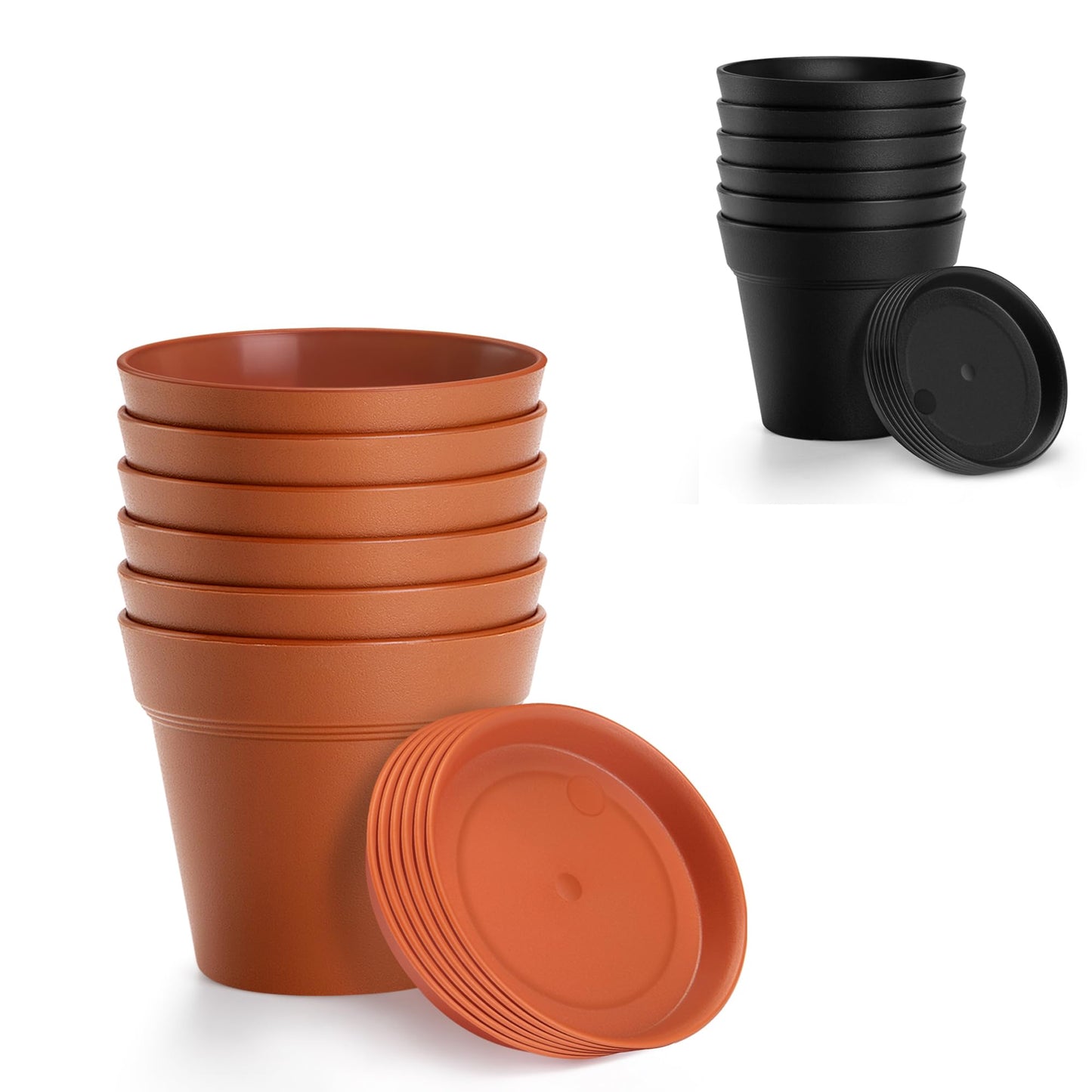 FHWTY 6 Pack 7in Plastic Plant Pots Black & 6 Pack 7in Plastic Plant Pots Terracotta