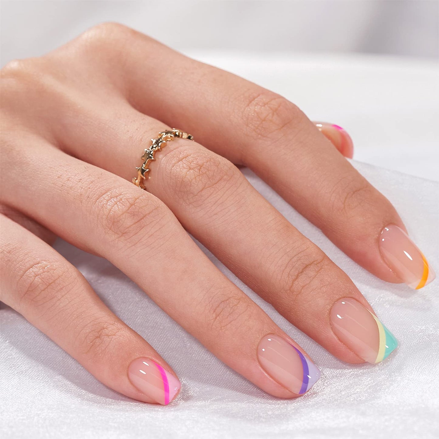 BTArtbox Short Press On Nails - Soft Gel French Tip Press On Nails, Supremely Fit & Natural Square Glue On Nails with Nail Glue, Reusable Stick On Nails in 15 Sizes, Pastel Curves