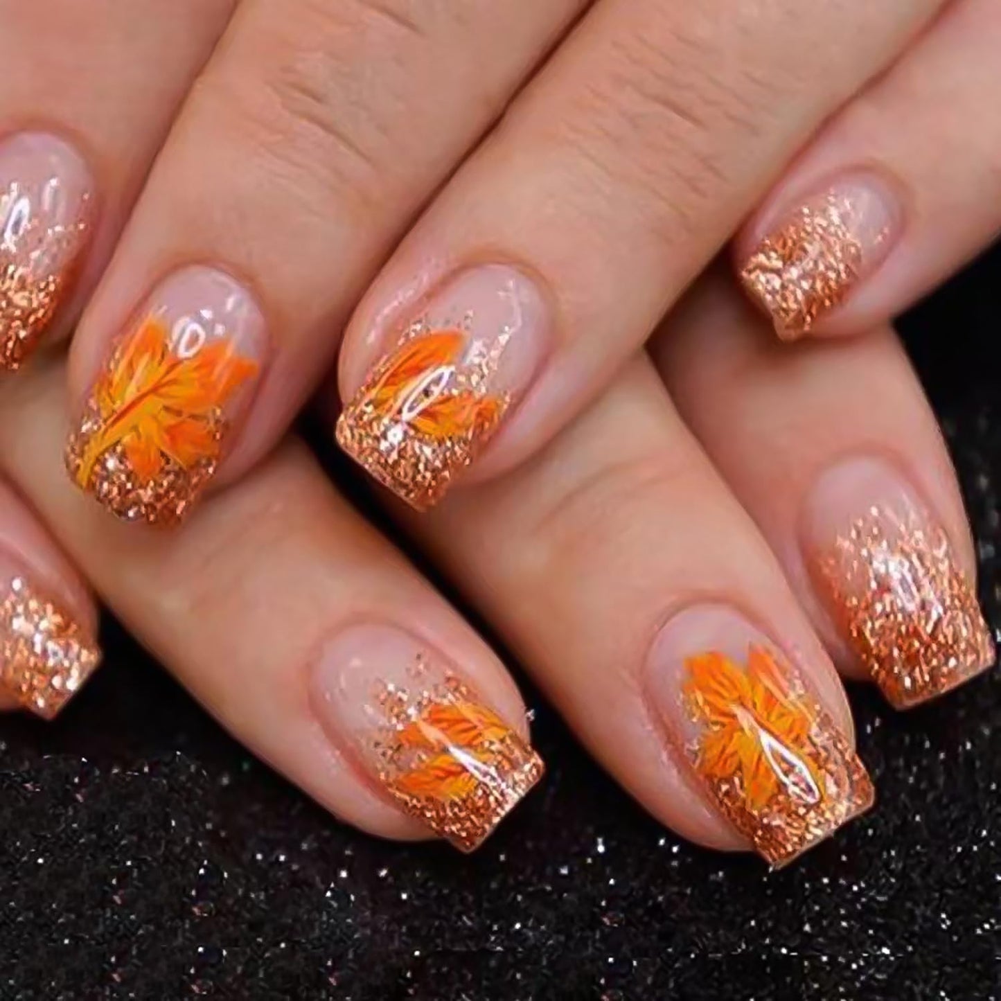 Thanksgiving Press On Short Nails Acrylic Glossy Full Cover Fall False Nails with Maple Leaf Designs Artificial Autumn Leaves Glue Ons Fake Nails for Women Girls (YS253)