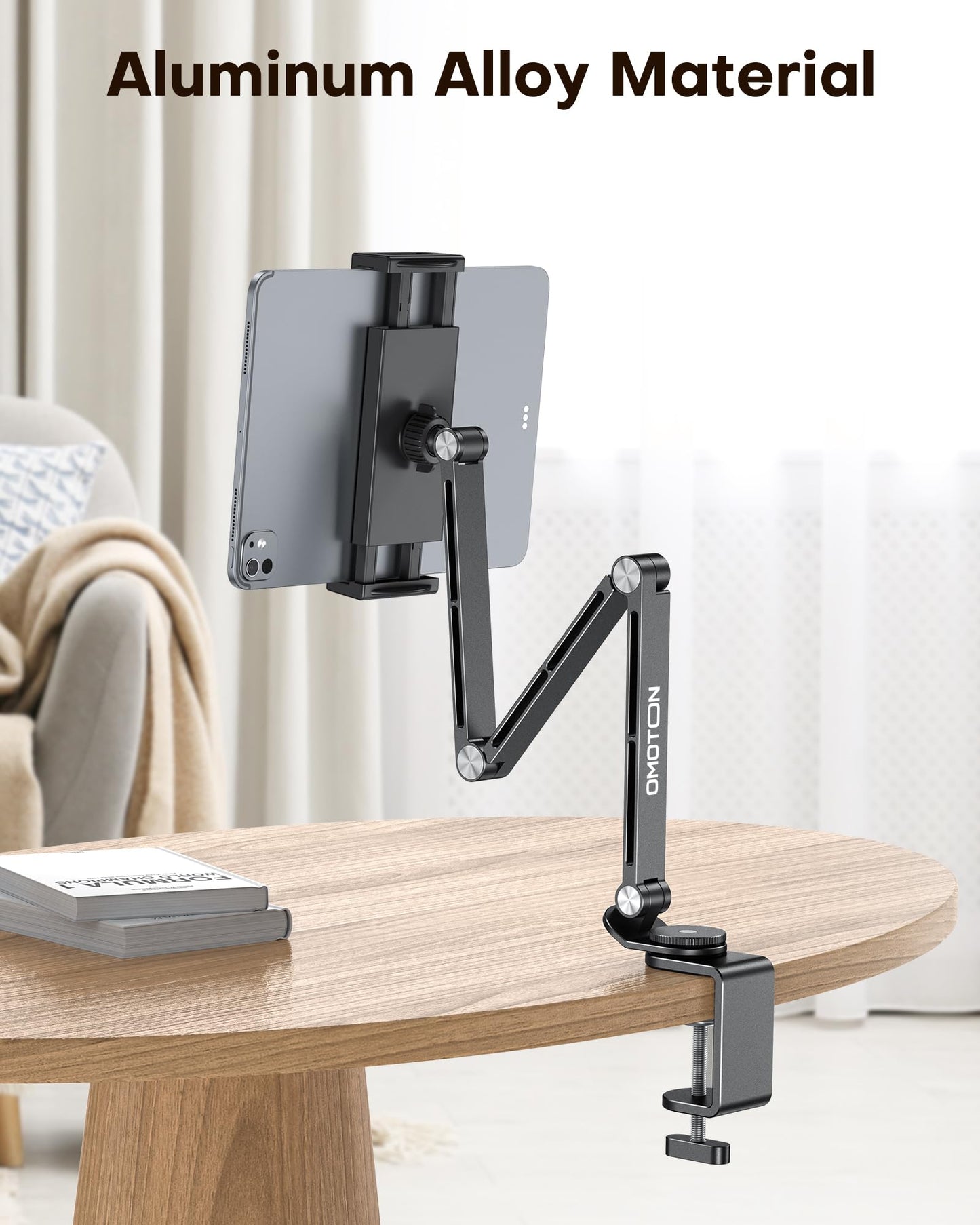 OMOTON Adjustable Tablet Stand for iPad, Desk Phone Holder for Bed with 2 Clamps, Flexible Aluminum Alloy Mount with 360° Rotation for 4-13" Devices (Black)