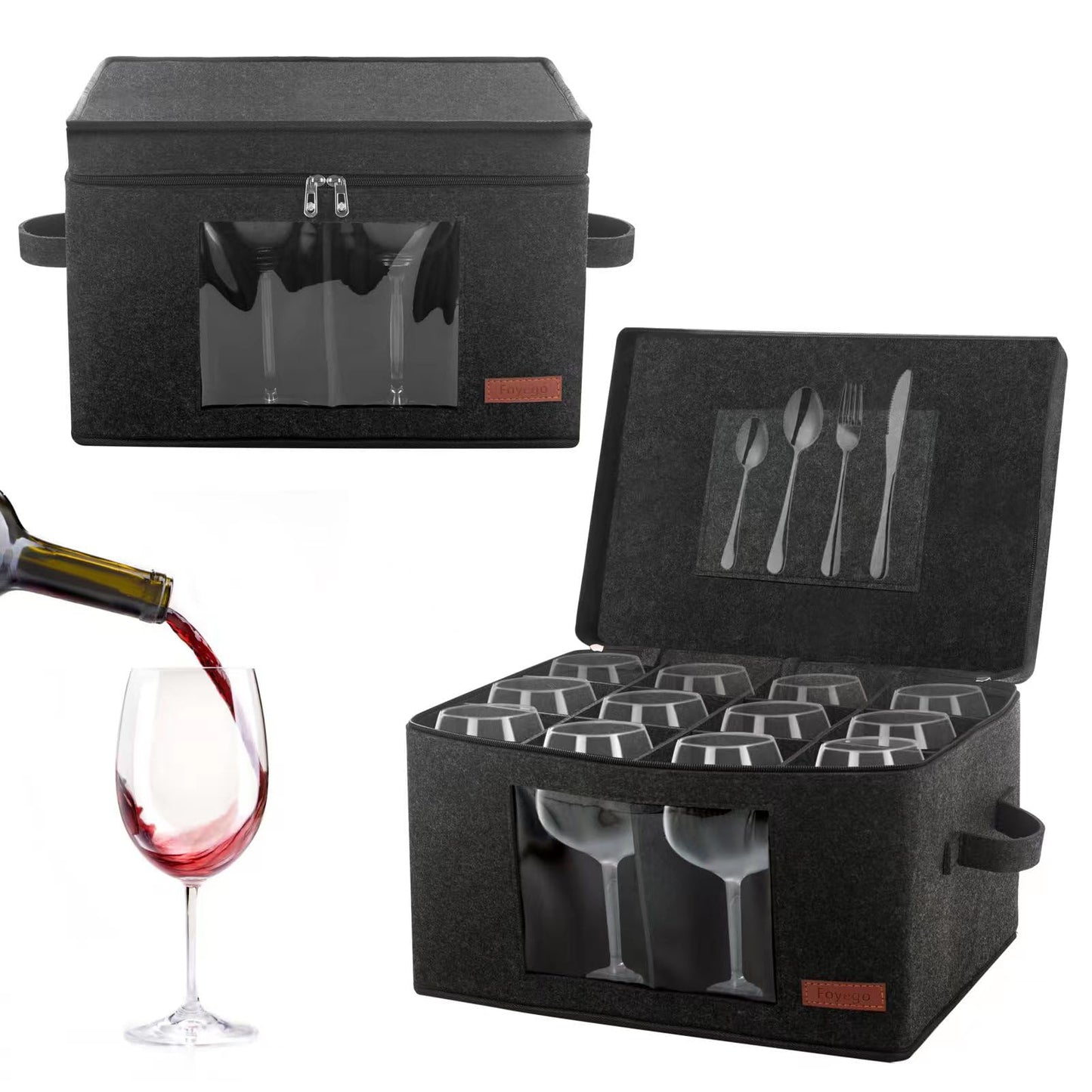 Foyego 2 Pack Wine Glass Storage Box with Dividers, Stemware Storage Containers for Packing and Moving, China Storage Containers Box for 12 Crystal Glassware, Wine Glasses, Drinkware,Dark Gray