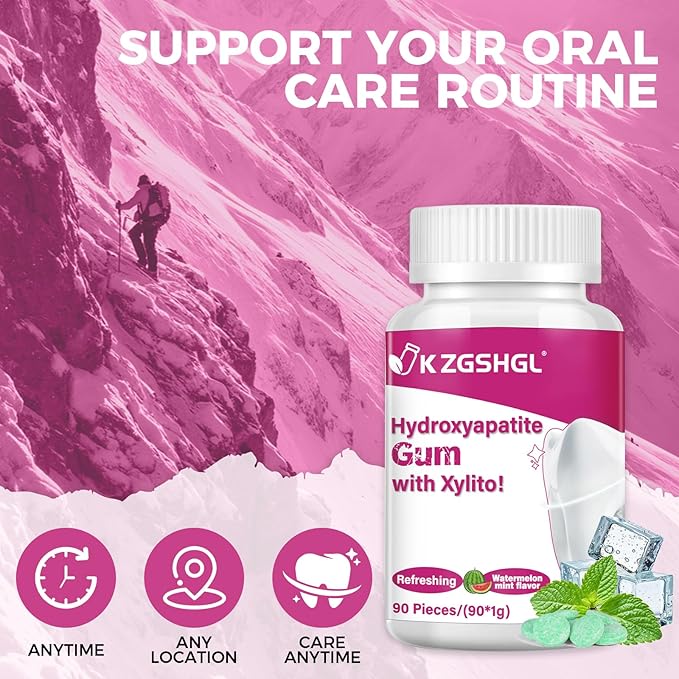 Hydroxyapatite Gum, 90 Pieces, Good for Teeth Remineralization, Sugar-Free Watermelon Chewing Gum with Xylitol, Two pills after meals to freshen breath and clean teeth