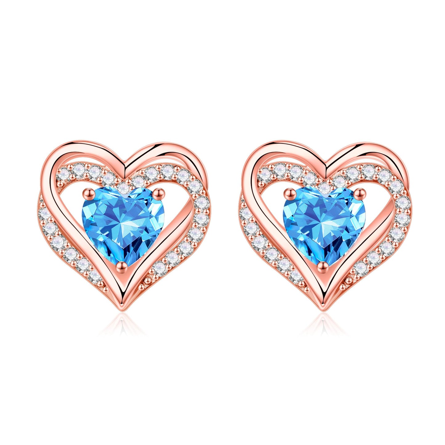 Iefil Earrings for Women, 925 Sterling Silver March Birthstone Blue Aquamarine Earrings Rose-Gold-Plated Heart Stud Earrings