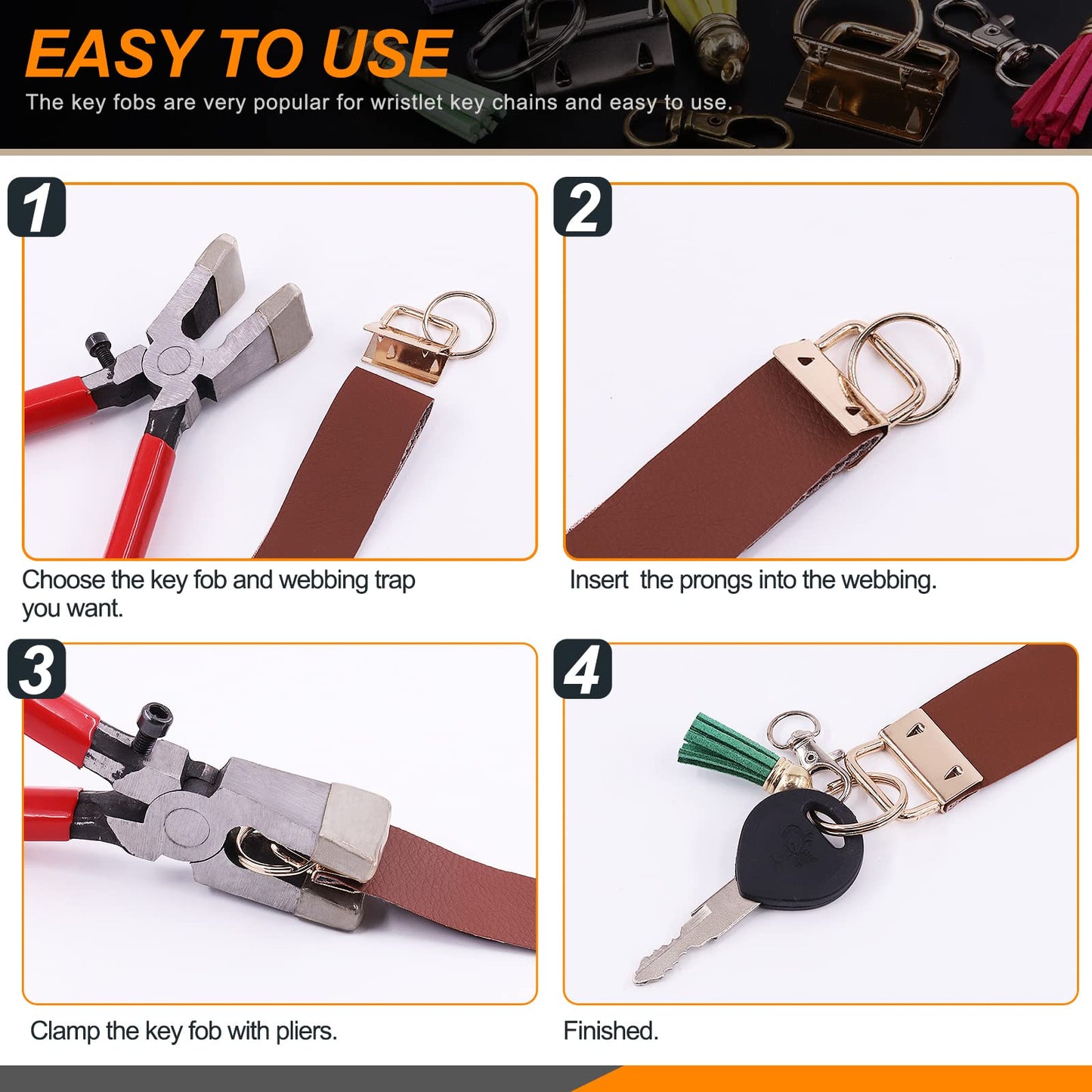 Rustark 51Pcs 4 Colors Key Fob Hardware Kit with Glass Running Pliers, Tassels Keychain Rings Hardware Accessories for Key Chain Making DIY Crafts