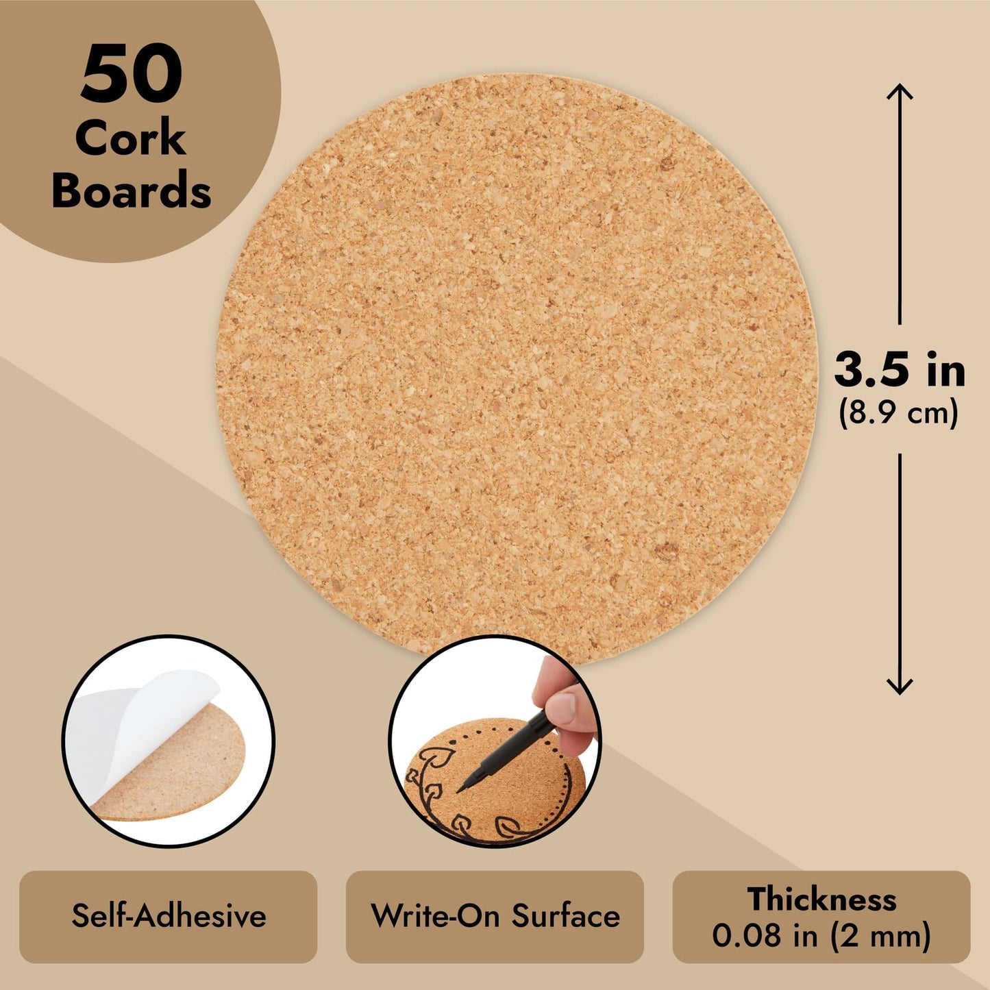 Juvale Cork Coaster Backing Sheets - Scratch-Resistant Surface Protection with Cork Pads - Custom DIY Craft Projects - Circle Craft Sheets for Versatile Designs - Pack of 50, 3.5 in Round Brown