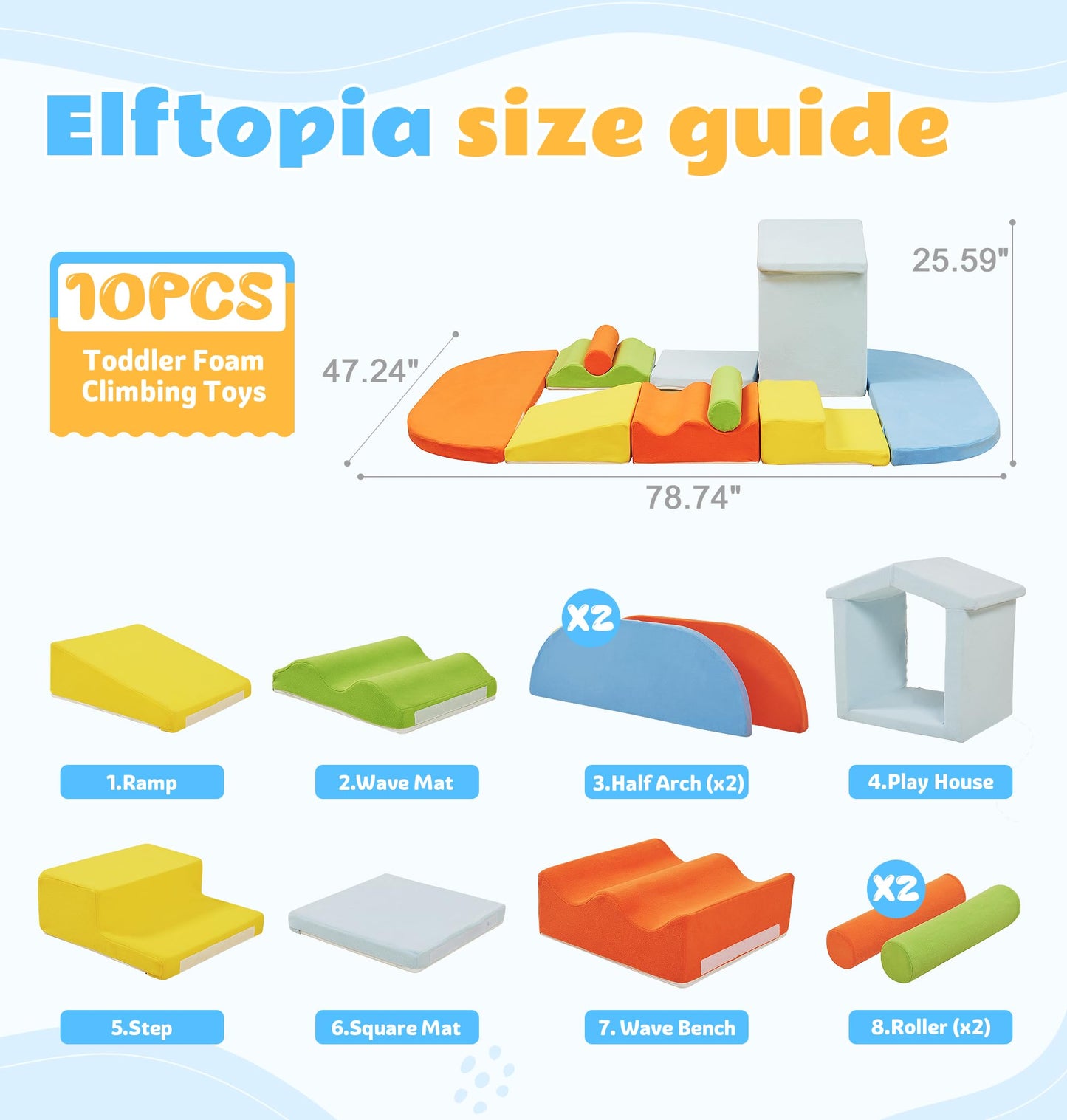 Elftopia 10-Piece Foam Climbing Blocks with Ramp & Stairs for Toddlers,Soft Play Gym Set,Foam Toddler Climbing Toys for Indoor Crawling,Sliding & Creative Play-Dynamic Color