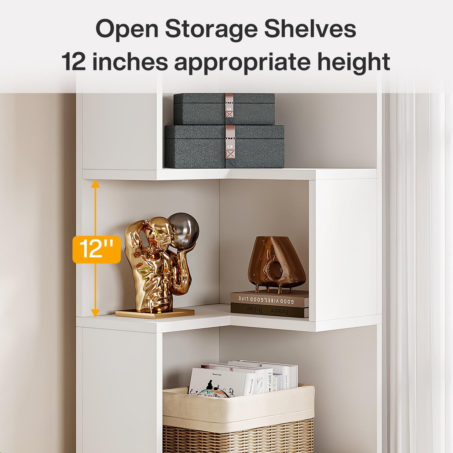 Tribesigns 5-Tier Corner Bookshelf with 2 Drawers, 66.9-Inch Tall Corner Bookcase Shelf, Modern Simple Corner Storage Cabinet Display Rack Shelf for Living Room, Home Office (White)