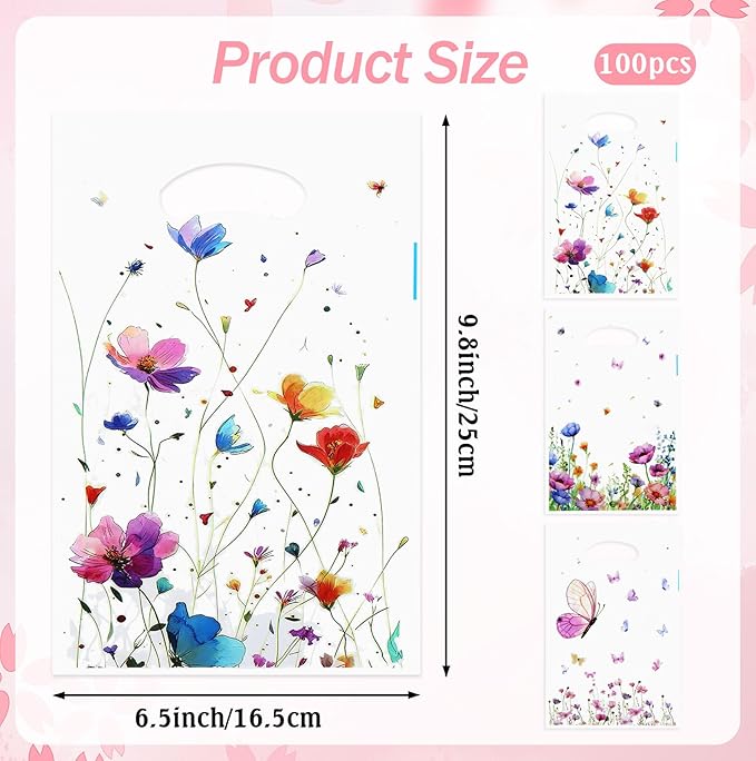 Wildflower Gift Bags, 100 Pcs Wildflower Party Favor Bags with Handles, Plastic Floral Goodie Candy Cookie Treat Bag for Wildflower Baby Shower Decorations Birthday Spring Party Favors Supplies