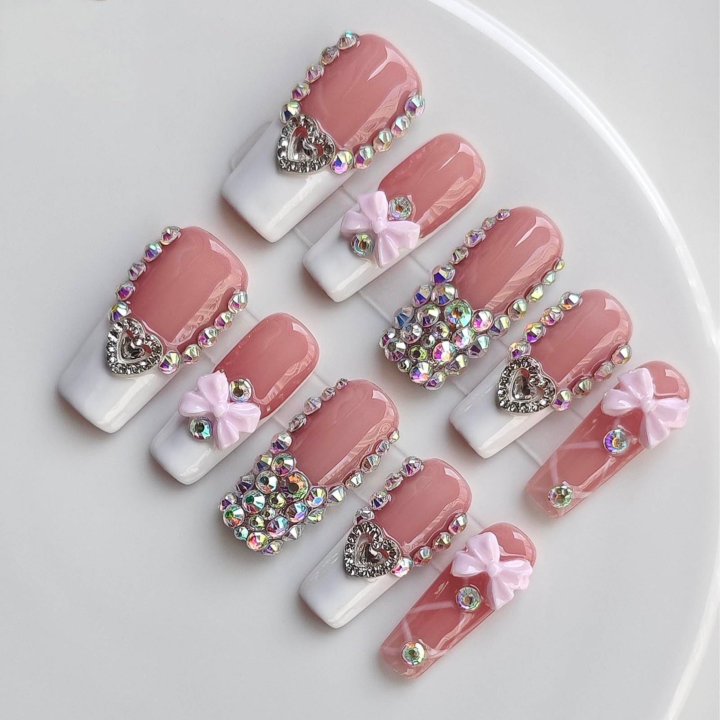 Gleamrain 10pcs Handmade Long Press-on Nails Coffin Shape (M Size) with 3D bow Designs Rhinestones Press on False Nail for Women Suitable for Parties or Daily Wear, D102
