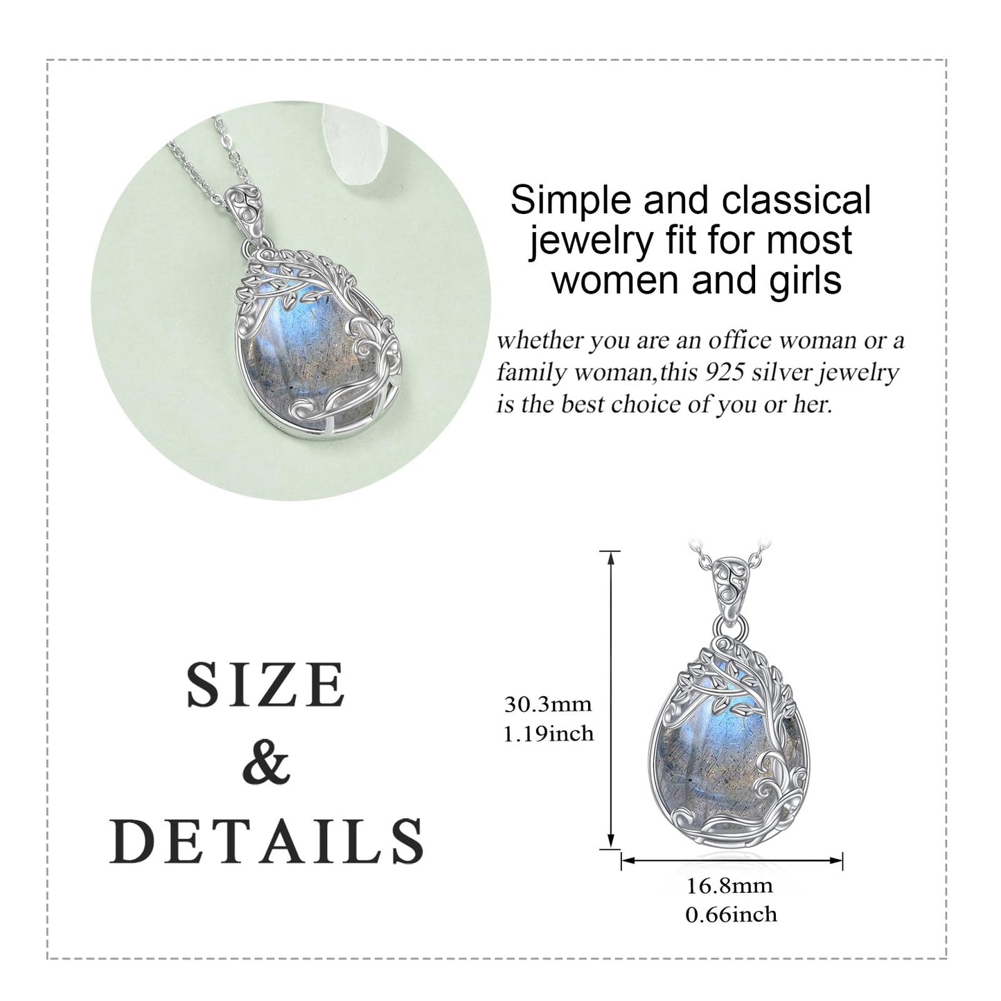 YAFEINI Sterling Silver Labradorite Tree of Life Teardrop Pendant Necklace