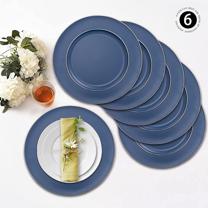 MAONAME Blue Charger Plates, 13" Plastic Round Charger for Dinner Plates, Plate Chargers Set of 6, Beaded Table Chargers for Wedding, Table Setting