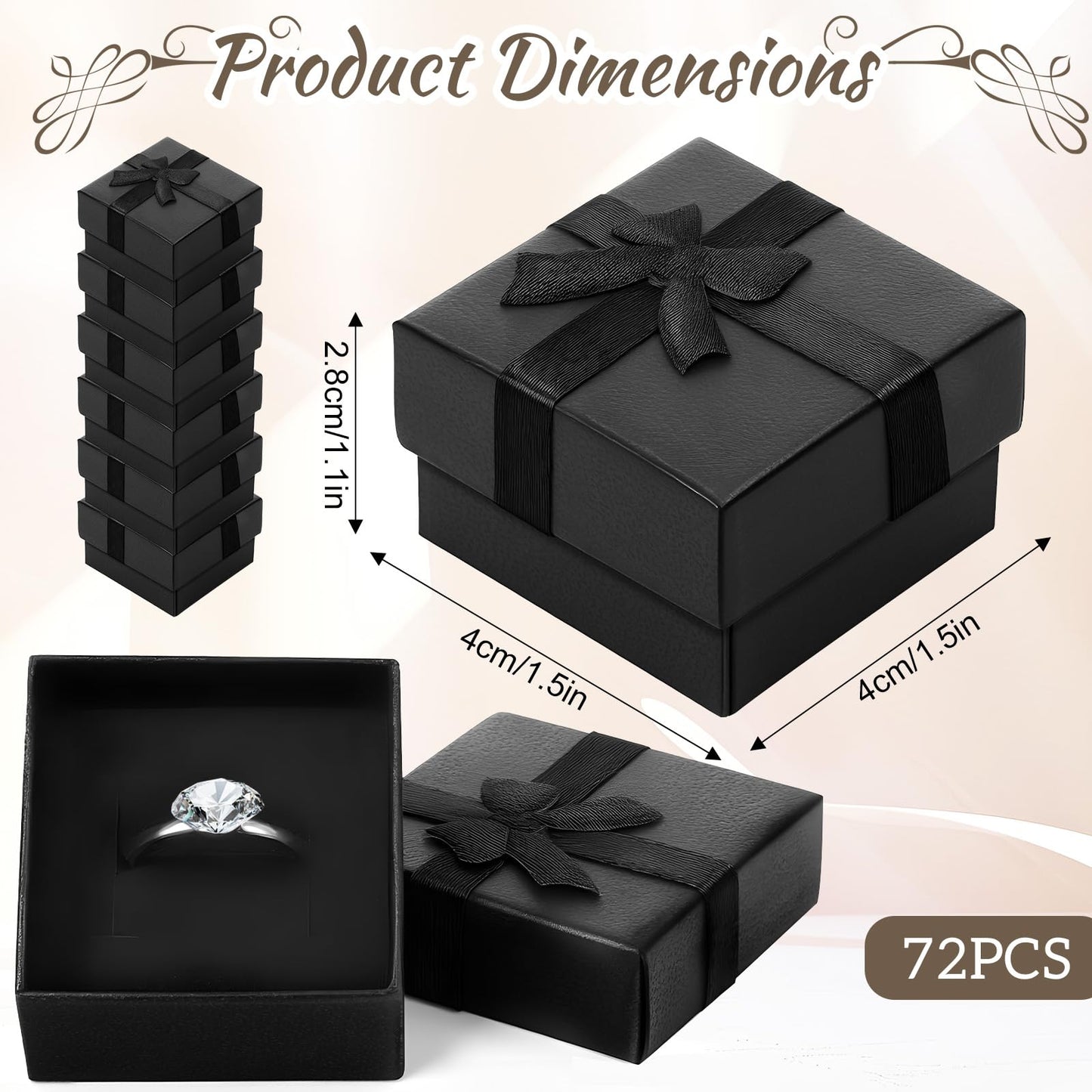 Lyksgir 72 Pcs Ring Boxes Bulk, 1.5 x 1.5 In Hard Cardboard Jewelry Box with Ribbon Bow, Cardboard Ring Gift Box Set with Bow Square, for Jewelry Organization, Gift Giving & Special Events(Black)