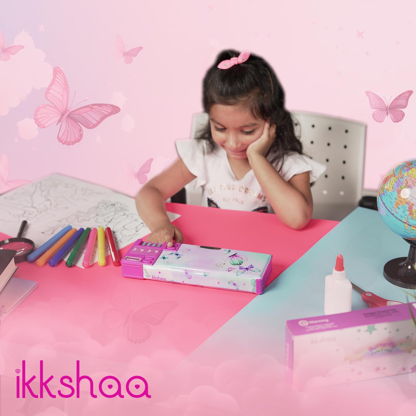 ikkshaa Pop Up Butterfly Pencil Case for Girls with Calculator Sharpener Cute School Supplies Multifunction Stationery Organizer Birthday Gift in Box