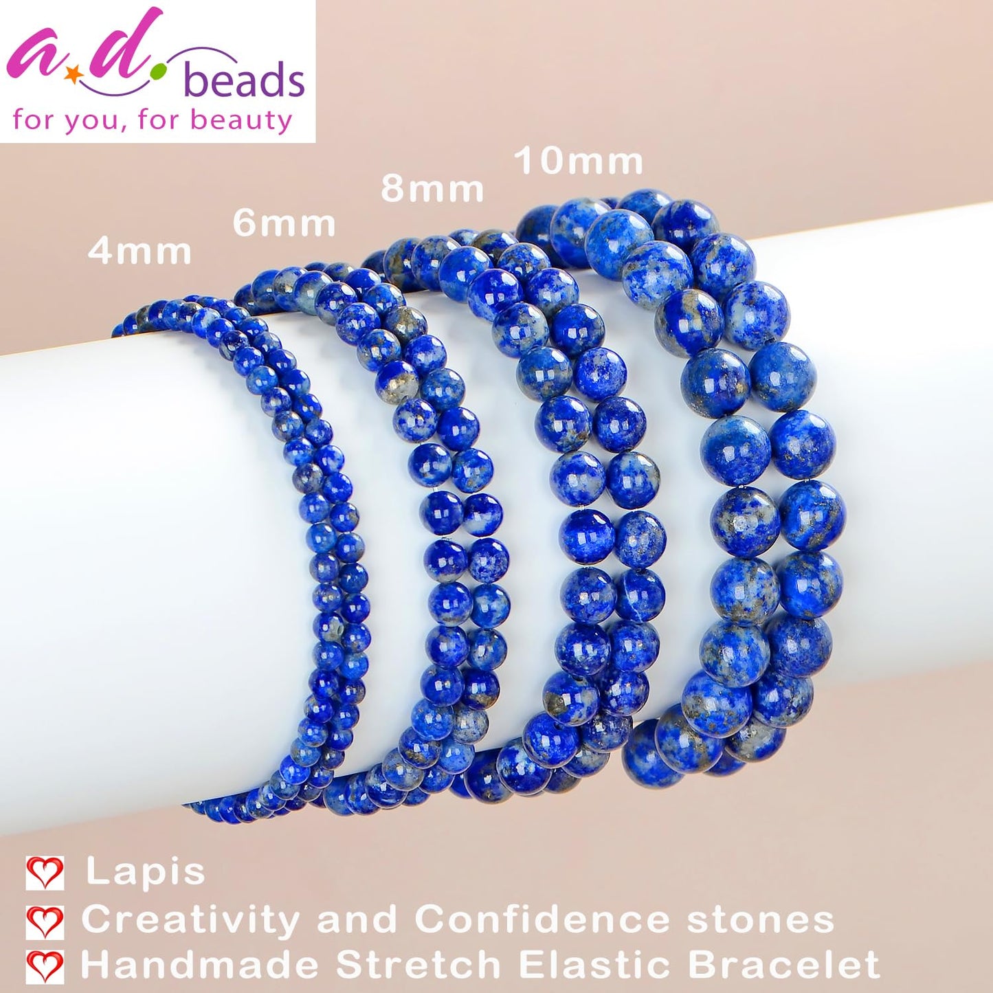 AD Beads Handmade Gemstone Stretch Elastic Bracelet Crystal Healing Reiki Nature's Beauty and Spiritual Essence Unisex (8mm, Lapis Lazuli)