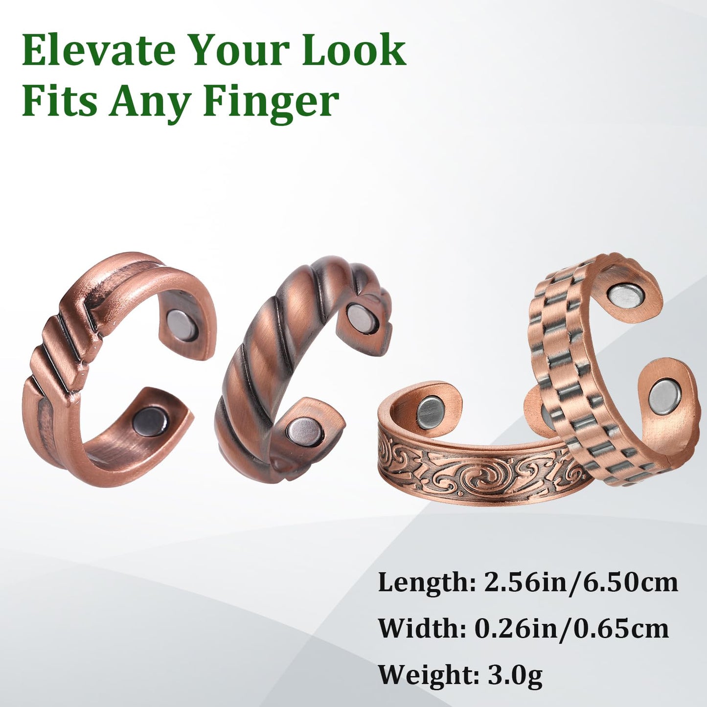 Fashtour 4 Copper Rings for Men, 99.9% Pure Copper Magnetic Rings, Vintage Pattern Adjustable Cuff Ring
