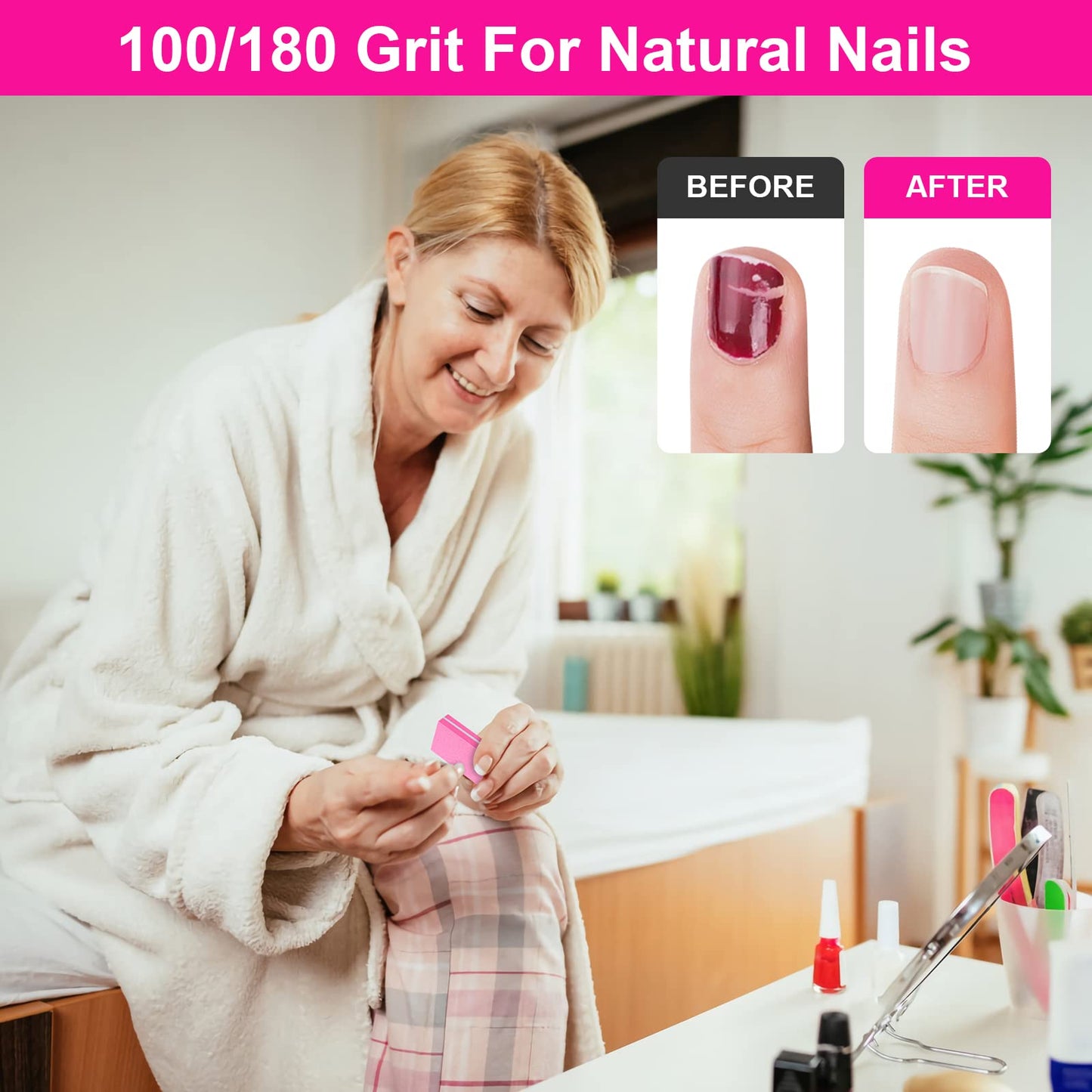 Diesisa Buffer Block Nail File, 100/180 Grit Sponge Nail Buffers for Acrylic Nails, Nails Buffer, Mini Buffing Block Double Sided for Manicure Tools 60 Count - Pink