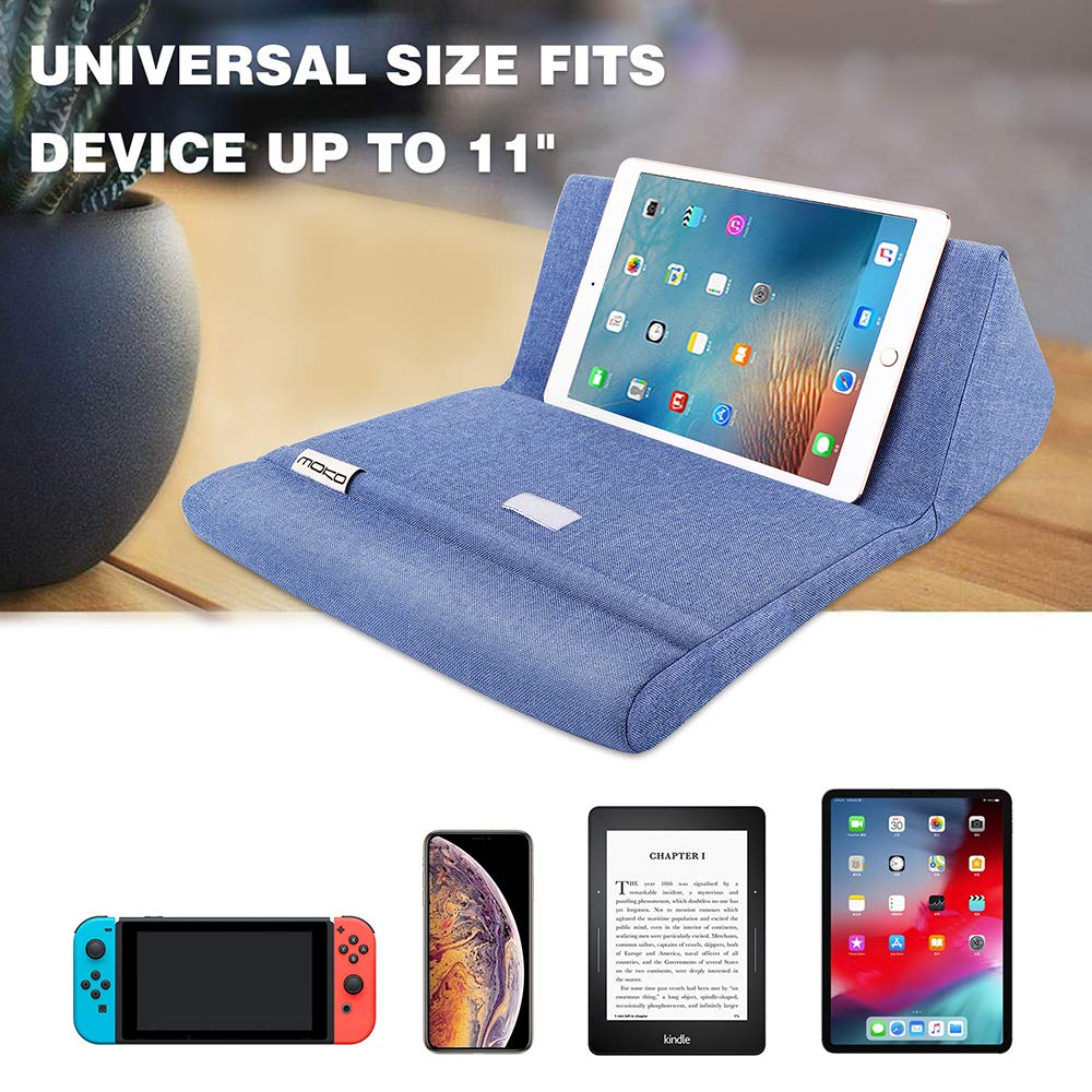 Moko Tablet Pillow Stand, Soft Bed Pillow Holder Xmas Gift for up to 11" Pad, Fits iPad 10.2"(9th Gen), New iPad mini 6 8.3" Air 4/3, iPad Pro 11/10.5/9.7, Mini 5 4, Galaxy Tab S6/S7 11", Denim Blue